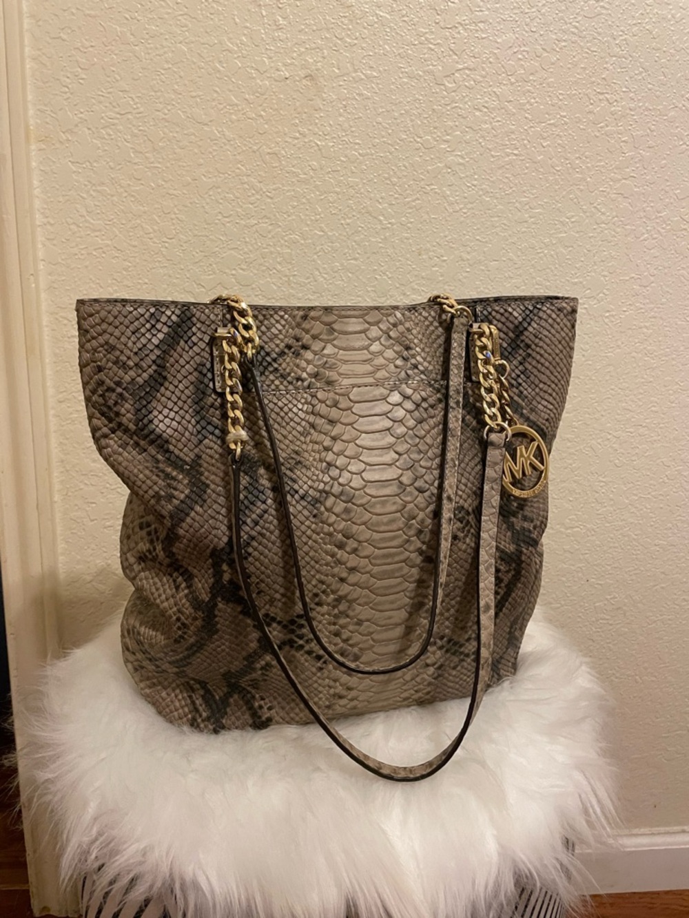 Michael Kors Snake-Embossed Taupe & Black Tote with Gold Hardware